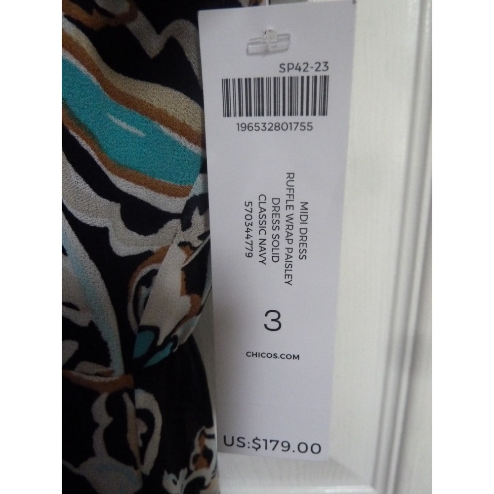 NWT CHICO'S Sz 3=16, XL Midi Dress Ruffle Wrap Paisley Professional Career $179. - Picture 3 of 9